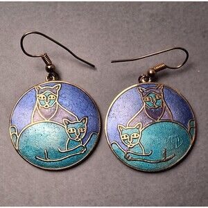 Vintage Meow Cloisonne Earrings Two Cats